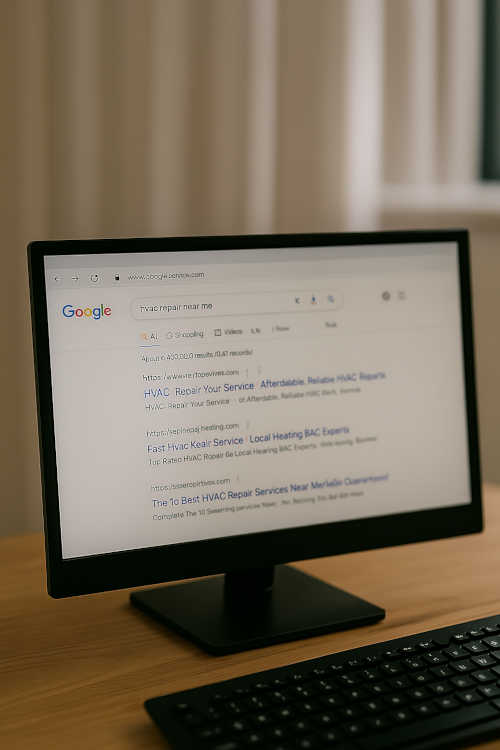 A computer monitor displays a Google search for "hvac repair near me," showing ad listings for local HVAC services, with the screen in sharp focus and a softly lit background in a home office setting.
