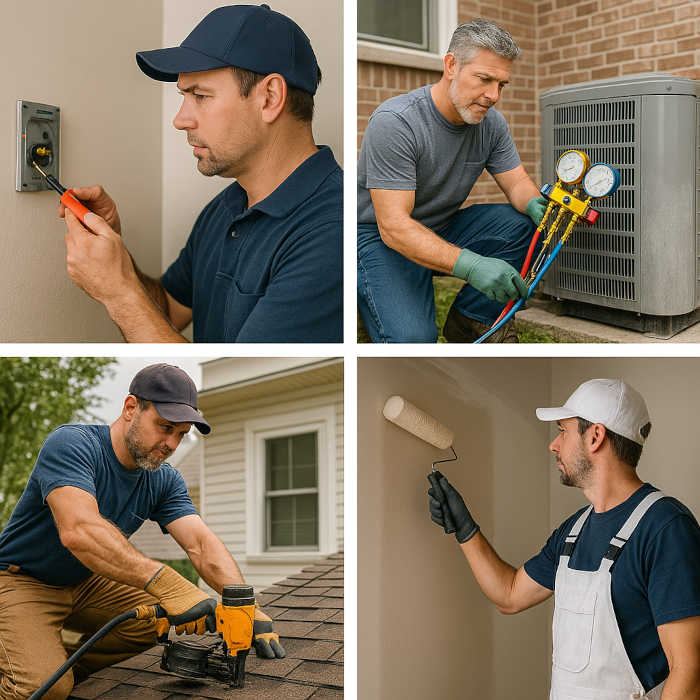 Home Services Marketing A group of home service professionals—an electrician, HVAC tech, plumber, roofer, and painter—standing confidently in front of a house, with bold text promoting marketing for contractors.