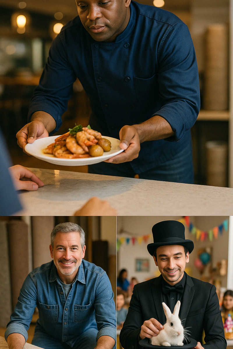 Local Business Professionals in Action – Chef, Carpet Expert, and Entertainer A vertical collage of three local business owners: a seafood chef serving shrimp and potatoes at a restaurant, a smiling carpet store owner in a denim shirt surrounded by rolled rugs, and a magician in a top hat pulling a rabbit from a hat while entertaining children at a party.