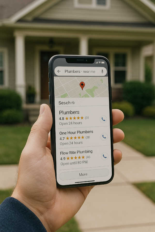 Mobile Search for Local Plumbers Displayed in Front of a Suburban Home A person holds a smartphone displaying a Google Maps search for local plumbers, with business listings, ratings, and contact buttons visible. The background shows a well-kept suburban home and front yard, emphasizing the relevance of local SEO for home service businesses.