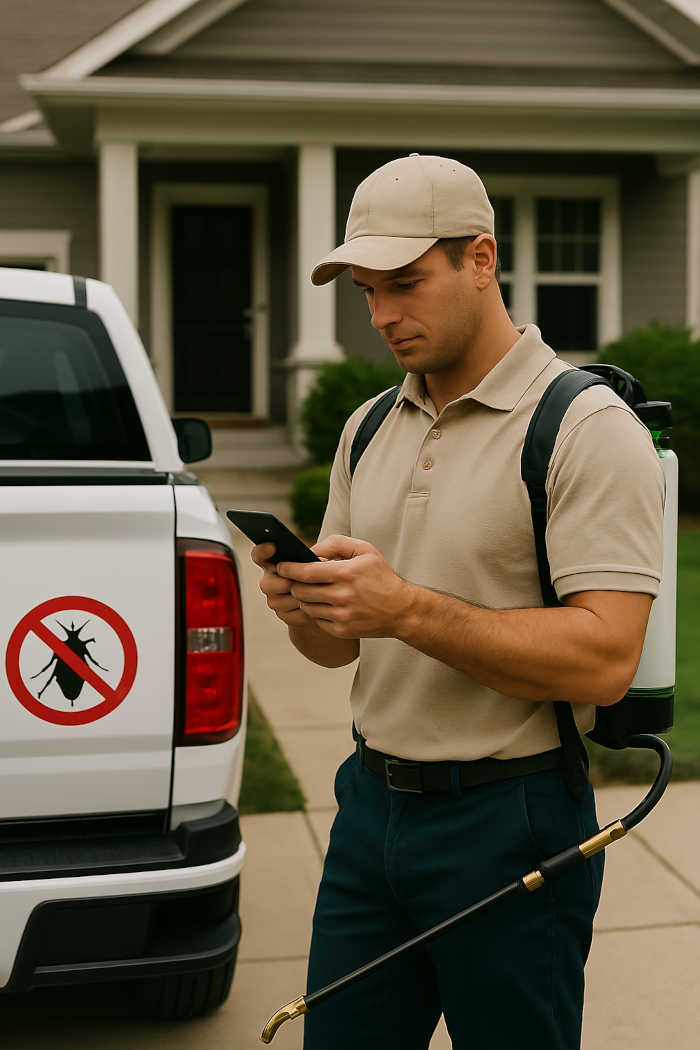 Pest Control Specialist Using Mobile Device Near Service Truck A pest control technician stands in front of a residential home, looking at his smartphone while standing beside a white truck marked with a pest control symbol. He’s geared with a sprayer tank on his back, ready for service, illustrating the use of mobile tech for job updates or check-ins.