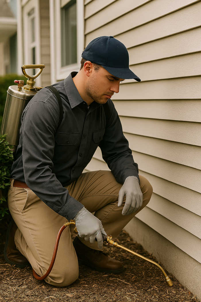 Pest Control Technician Applying Treatment Around Home Foundation A pest control technician kneels next to a suburban home, carefully applying insecticide to the base of the house with a brass sprayer. He wears protective gloves, beige pants, and a navy cap, focusing intently on the treatment area to prevent pest intrusion.