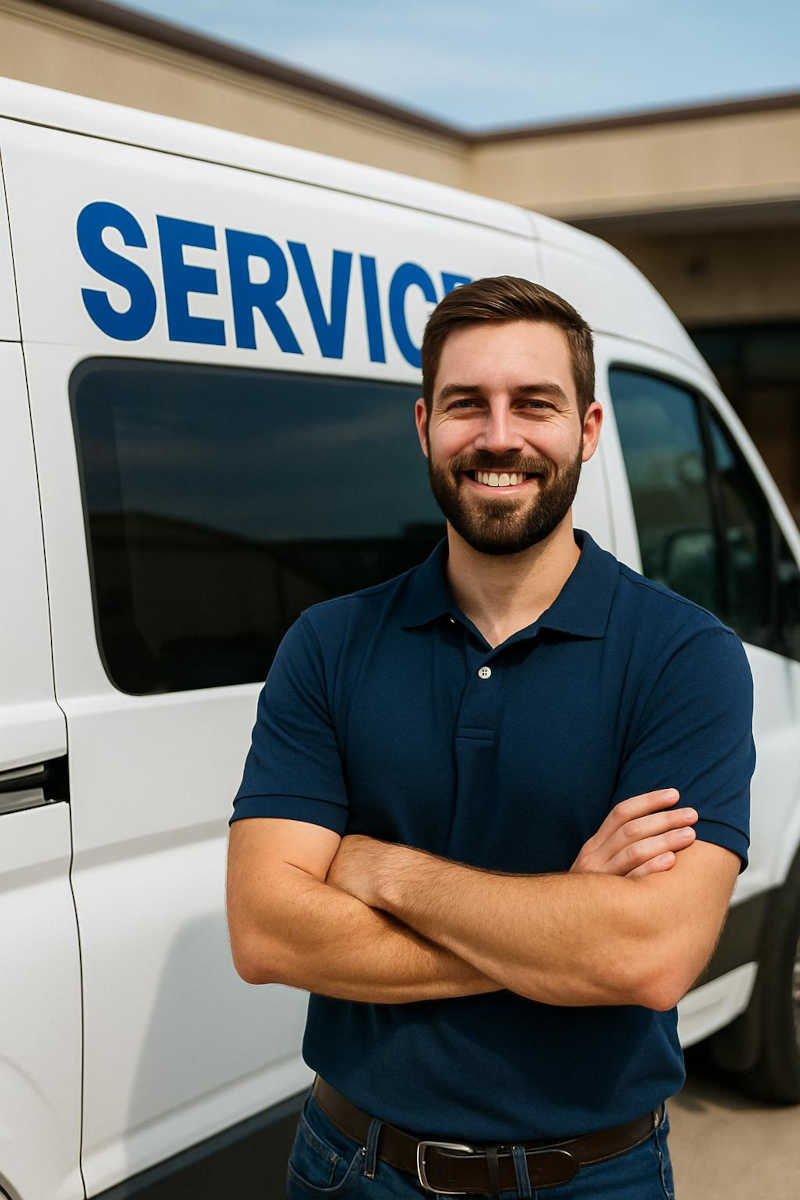 Service Professional Standing in Front of Company Van A confident service technician in a navy blue polo shirt stands with arms crossed in front of a white service van, smiling outside a commercial building on a sunny day.
