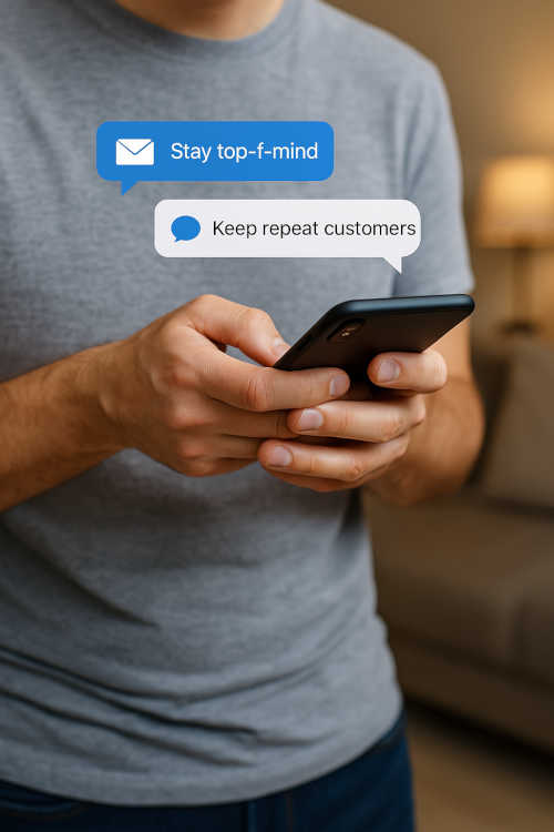 Using Text and Email Marketing on Smartphone for Customer Engagement A person holds a smartphone while receiving marketing messages, including prompts to “Stay top-of-mind” and “Keep repeat customers.” The focus is on the phone and messaging bubbles, with a cozy home interior blurred in the background, emphasizing modern communication tools for small business marketing.