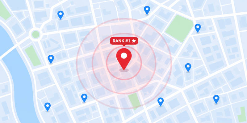 Map illustration with GPS signal rings and location pins showing local presence boost