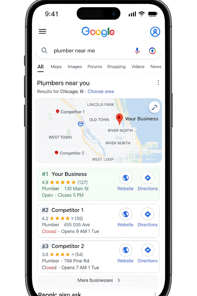 Google Maps SERP phone mockup showing top 3 ranking
